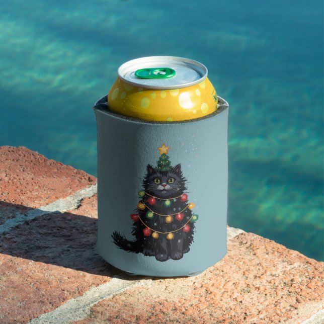 Black Cat Christmas Tree Oil Painting Altered  Can Cooler (In Situ Pool)