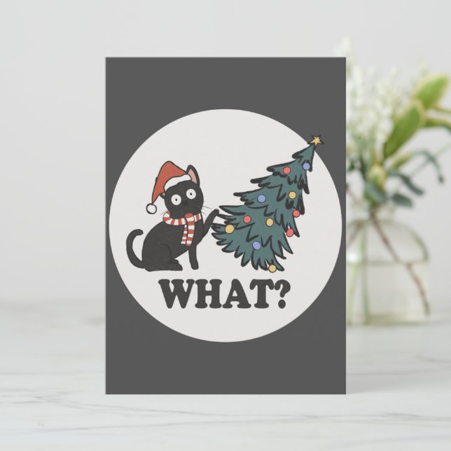 Black Cat Christmas Tree Santa Hat Funny What Cute Invitation (Standing Front)