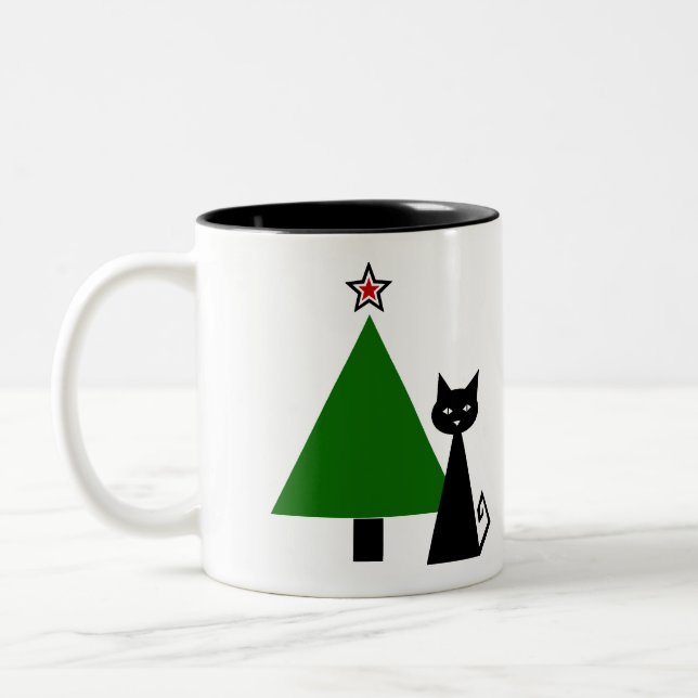 Black Cat Christmas Two-Tone Coffee Mug (Left)