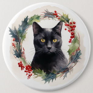 Black Cat Christmas Wreath Festive Kitten 6 Inch Round Button