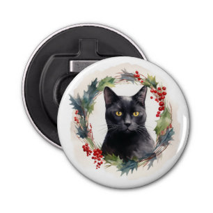 Black Cat Christmas Wreath Festive Kitten Bottle Opener