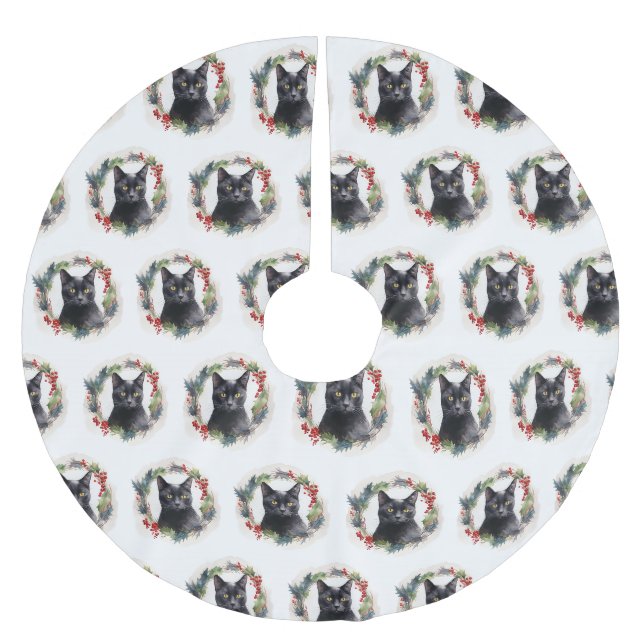 Black Cat Christmas Wreath Festive Kitten Brushed Polyester Tree Skirt (Front)