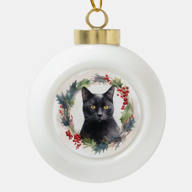 Black Cat Christmas Wreath Festive Kitten Ceramic Ball Christmas Ornament (Front)