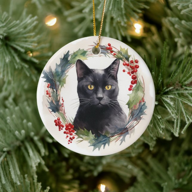 Black Cat Christmas Wreath Festive Kitten Ceramic Ornament (Tree)