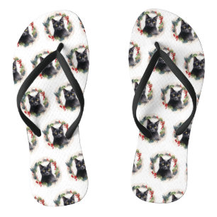 Black Cat Christmas Wreath Festive Kitten Flip Flops