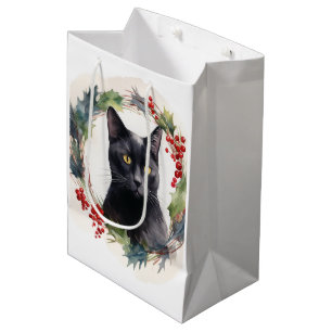Black Cat Christmas Wreath Festive Kitten Medium Gift Bag