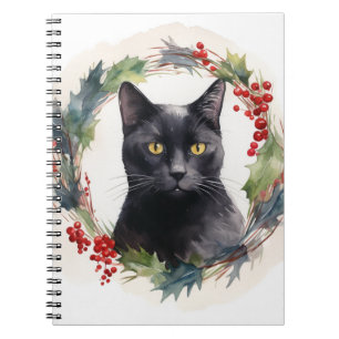 Black Cat Christmas Wreath Festive Kitten Notebook