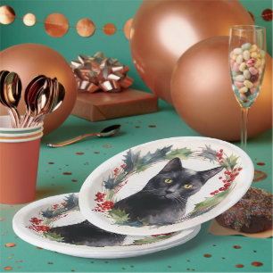Black Cat Christmas Wreath Festive Kitten Paper Plate
