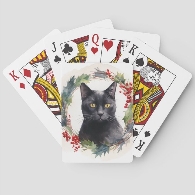 Black Cat Christmas Wreath Festive Kitten Playing Cards (Back)