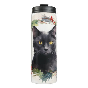 Black Cat Christmas Wreath Festive Kitten Thermal Tumbler