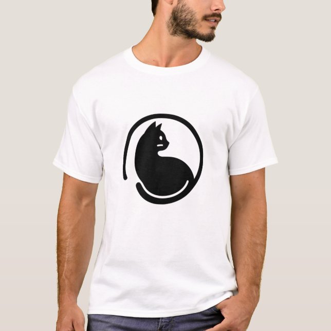 Black Cat Circle Silhouette Minimalist Print  T-Shirt (Front)