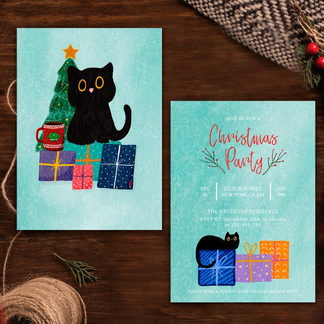 Black Cat Coffee Blue Christmas Party Invitation (Creator Uploaded)