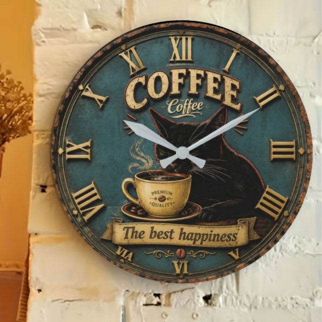 Black Cat Coffee Lover Farmhouse Kitchen Decor Large Clock (Creator Uploaded)