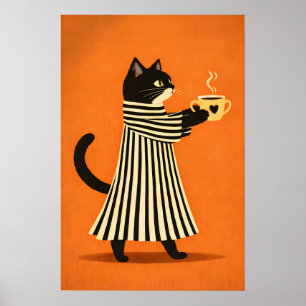 Black Cat Coffee Poster, Minimalist Animal Art Poster