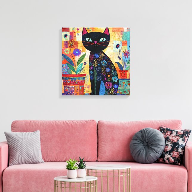 Black Cat Colorful and Whimsical Artwork, Canvas Print (Insitu(LivingRoom))