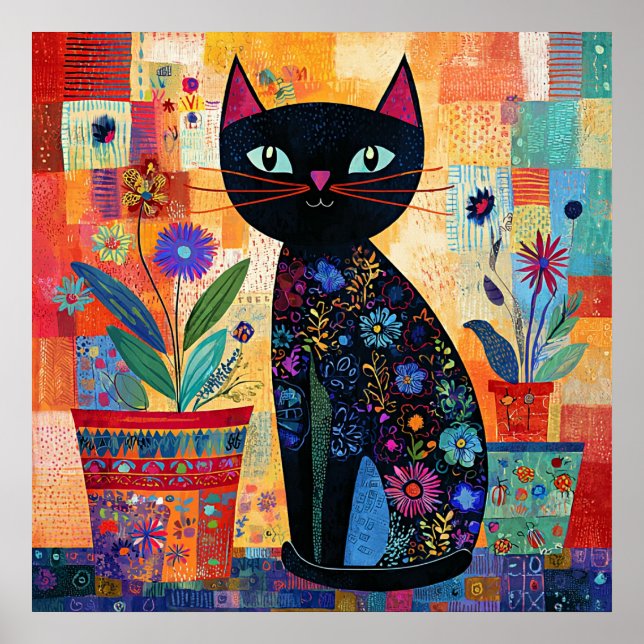 Black Cat Colorful and Whimsical Artwork, Poster (Front)