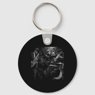 Black Cat Cool Jazz Band Selfie Graphic Keychain