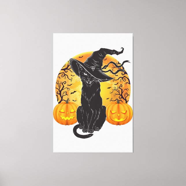 Black Cat Costume Scary Halloween Witch Hat _Moon  Canvas Print (Front)