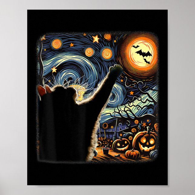 Black Cat Costume Van Gogh Starry Night Funny Cat  Poster (Front)