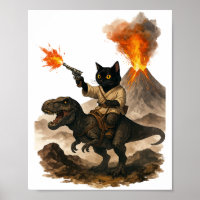 Black Cat Cowboy Riding Dinosaur – Watercolor Ink