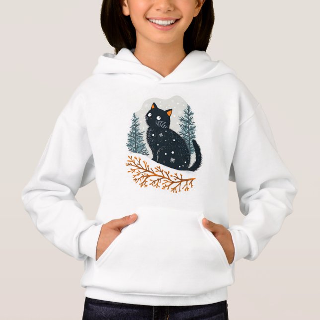 Black cat cozy winter snow (Front)
