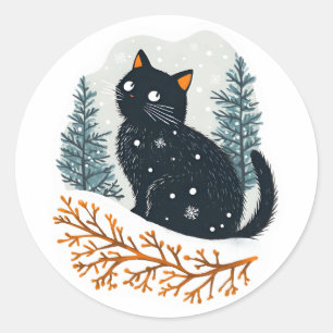 Black cat cozy winter snow classic round sticker