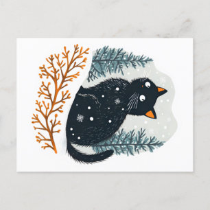 Black cat cozy winter snow holiday postcard