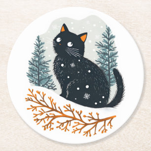 Black cat cozy winter snow round paper coaster