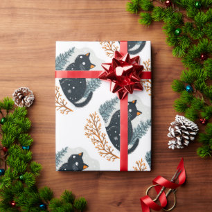 Black cat cozy winter snow wrapping paper