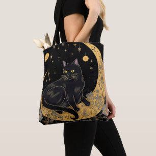Black Cat Crescent Moon Blue Flowers Halloween Tote Bag