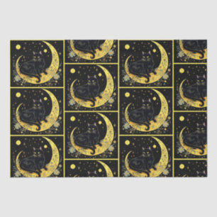 Black Cat Crescent Moon Floral Gold Halloween Tissue Paper