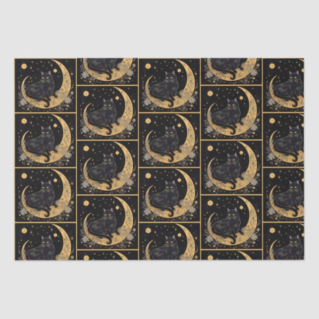 Black Cat Crescent Moon Floral Gold Halloween Tissue Paper (Front)