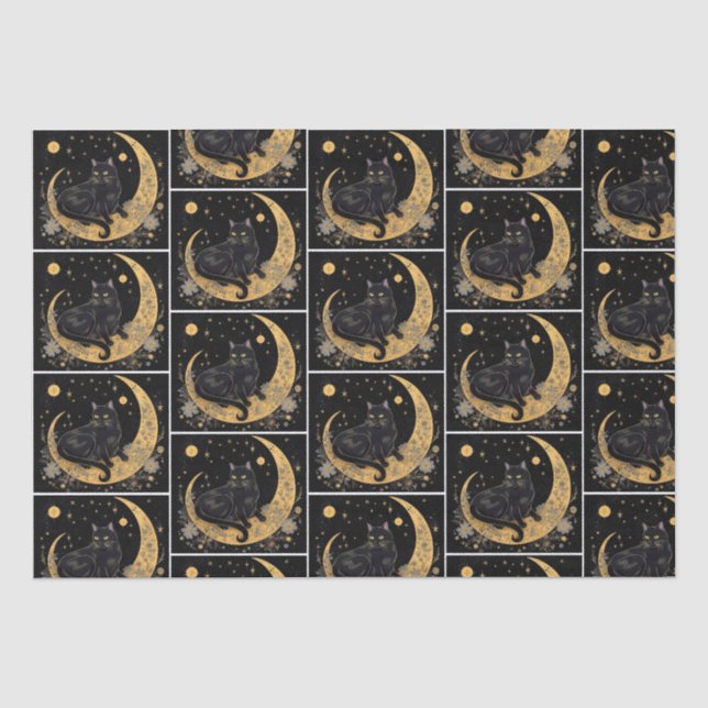 Black Cat Crescent Moon Floral White Halloween Tissue Paper (Front)