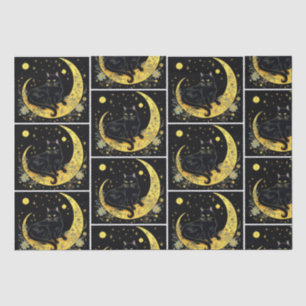 Black Cat Crescent Moon Floral White Halloween Tissue Paper