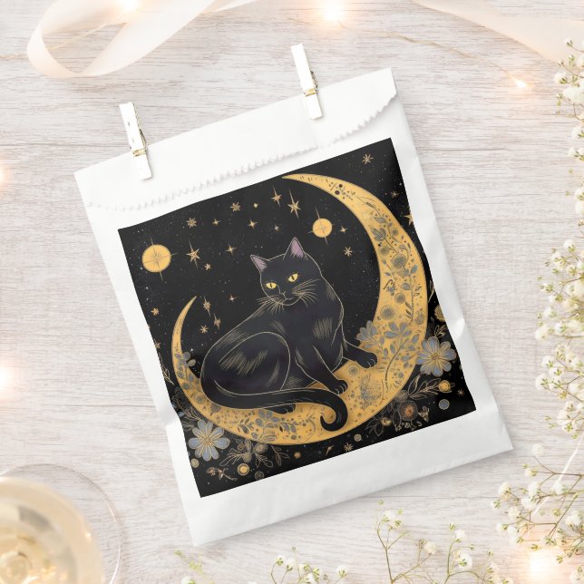 Black Cat Crescent Moon Flowers Happy Halloween Favour Bag (Clipped)
