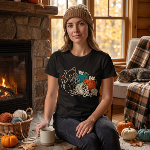 Black Cat Crochet Pumpkins Cute Halloween T-Shirt