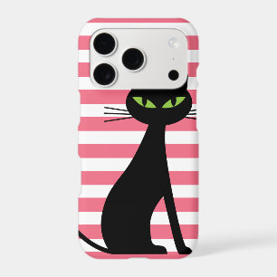 Black Cat & Custom Name Pink Stripes Modern
