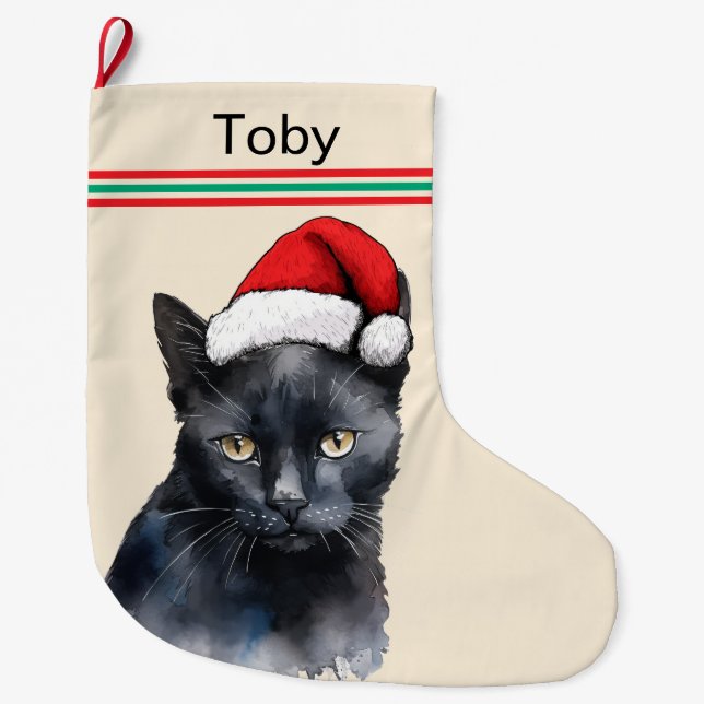 Black Cat Custom Pet Large Christmas Stocking (Front)