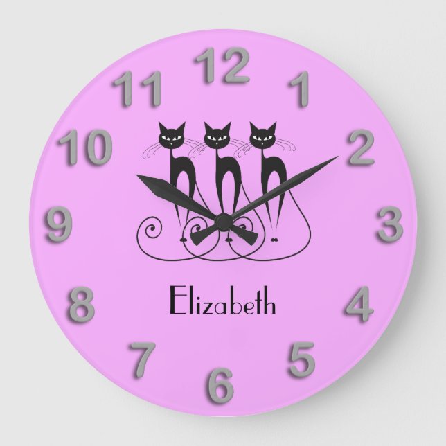 Black cat cute funny triplet large clock (Front)