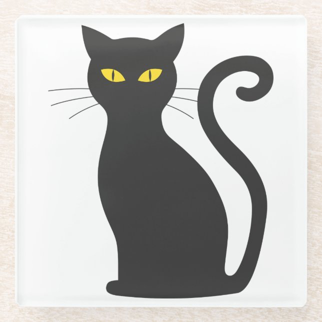 Black Cat Cute Glass Coaster (Front)