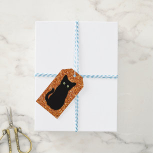 Black cat, cute kitten, sparkling orange glitter  gift tags