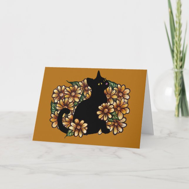 Black Cat Daisy Nature Cats Art                    Card (Front)