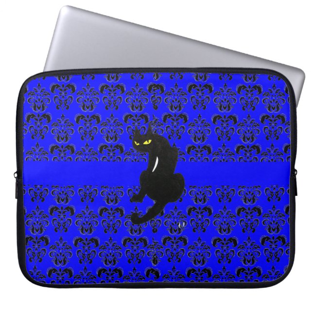 BLACK CAT DAMASK black blue Laptop Sleeve (Front)