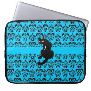 BLACK CAT DAMASK blue black Laptop Sleeve