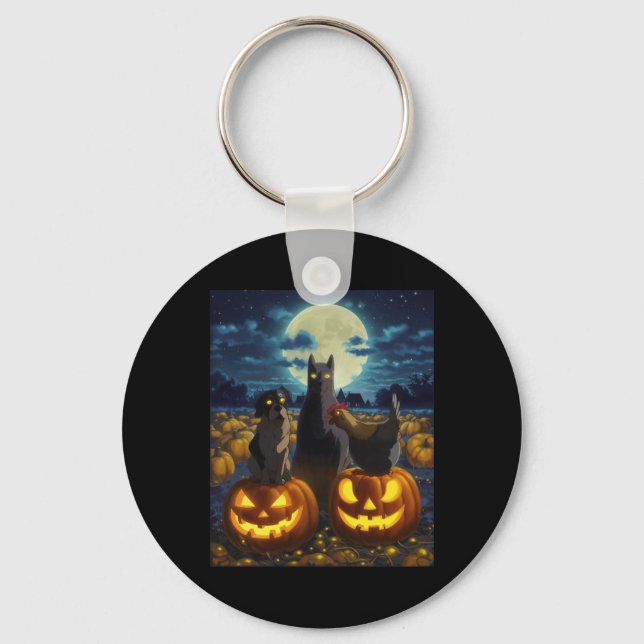 Black Cat Dog Chicken Halloween Pumpkin Spooky Keychain (Front)