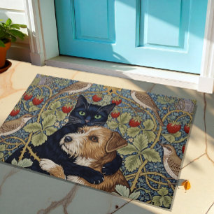 Black Cat & Dog Embrace, Floral New Vintage Art Doormat