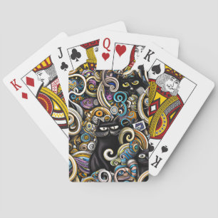 Black Cat Doodle Art Whimsical Magical Seamless Pa Playing Cards