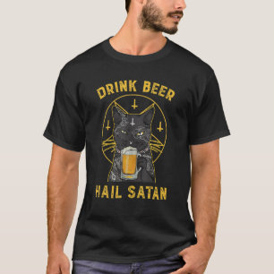 Black Cat Drink Beer Hail Satan Spooky Vintage T-Shirt