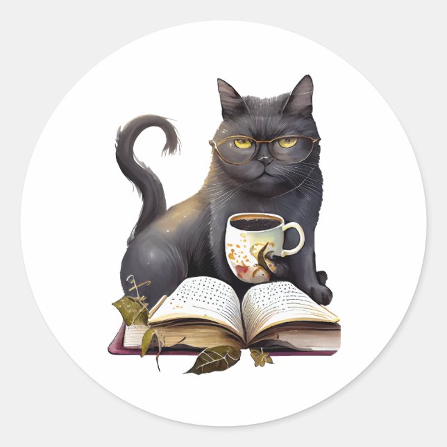 black Cat drink coffee and reading book Classic Round Sticker (Front)