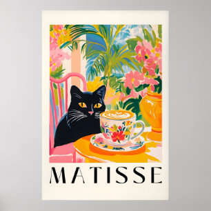 Black Cat Drinking Coffee Funny Matisse Style Poster